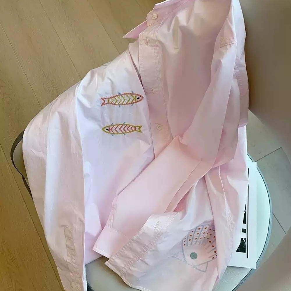 Pink Fish Embroidered Cotton Shirt - Picture 3 of 4